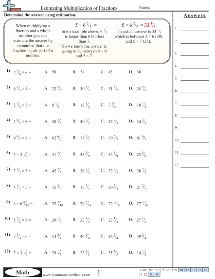 5.nf.5b Worksheets - Estimating Multiplication of Fractions  worksheet